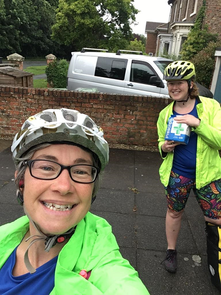 Debs and friend in cycling helmet with prescriptions