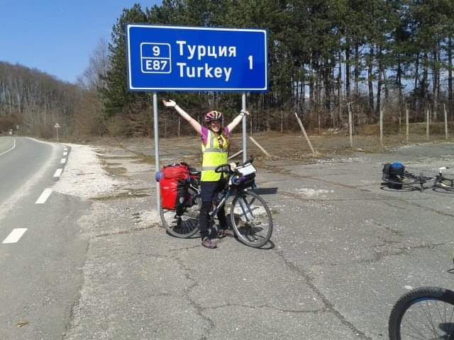 Laura on her bicycle in Turkey
